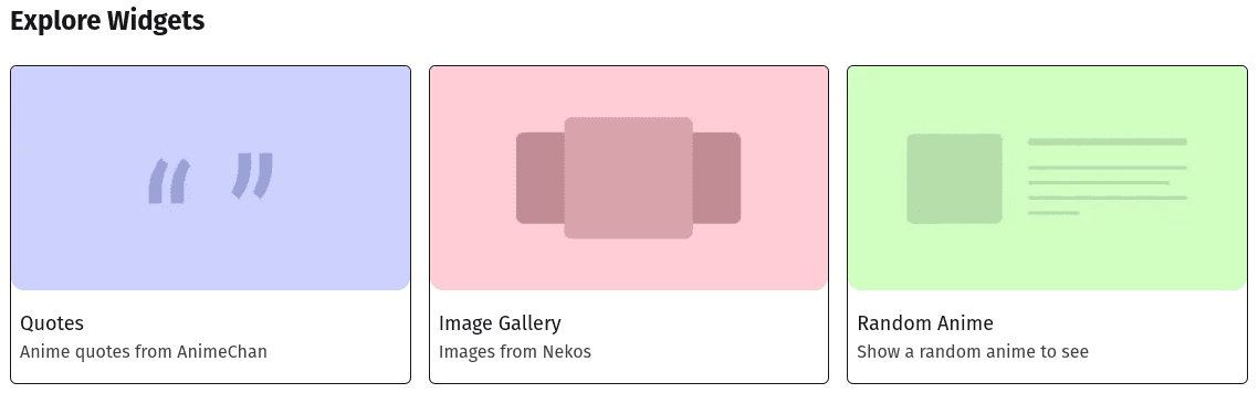 list of widgets, quote widget, image gallery widget and random anime widget